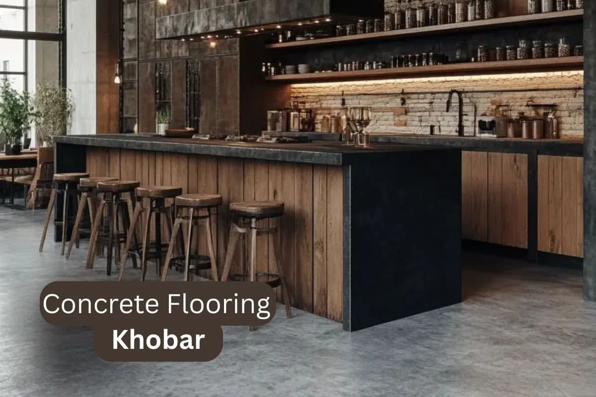 Industrial style concrete flooring in a modern bar and restaurant interior in Khobar, Saudi Arabia