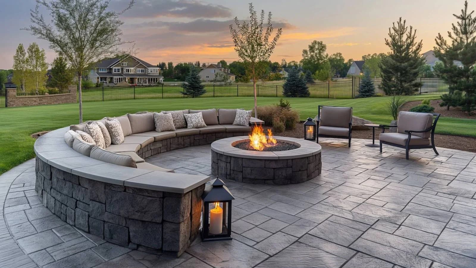 Outdoor stamped concrete patio with round firepit seating in Saudi Arabia