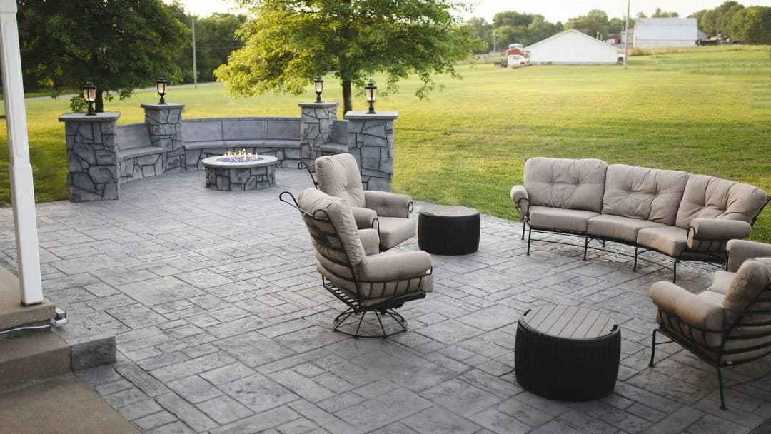 Stamped concrete patio flooring in Saudi Arabia with outdoor seating