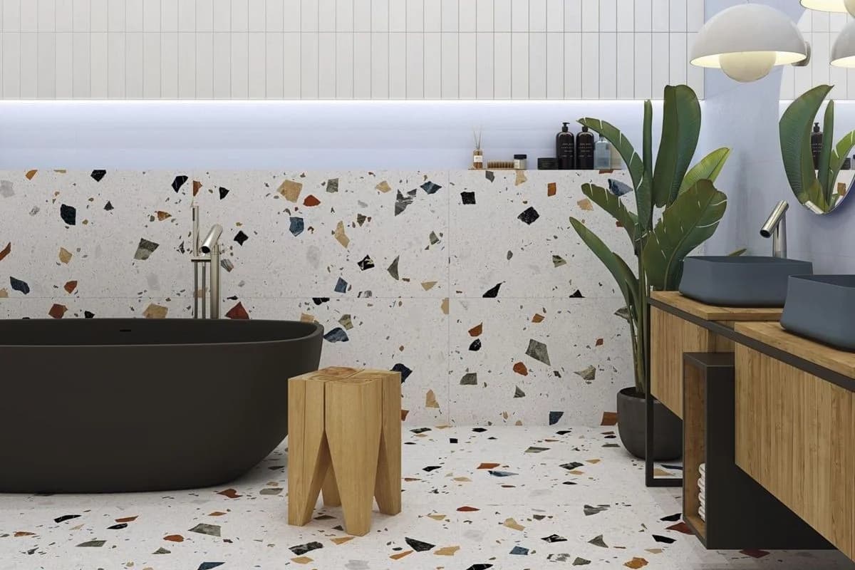 Bedroom interior featuring glossy terrazzo flooring with colorful marble chips in Makkah, Saudi Arabia