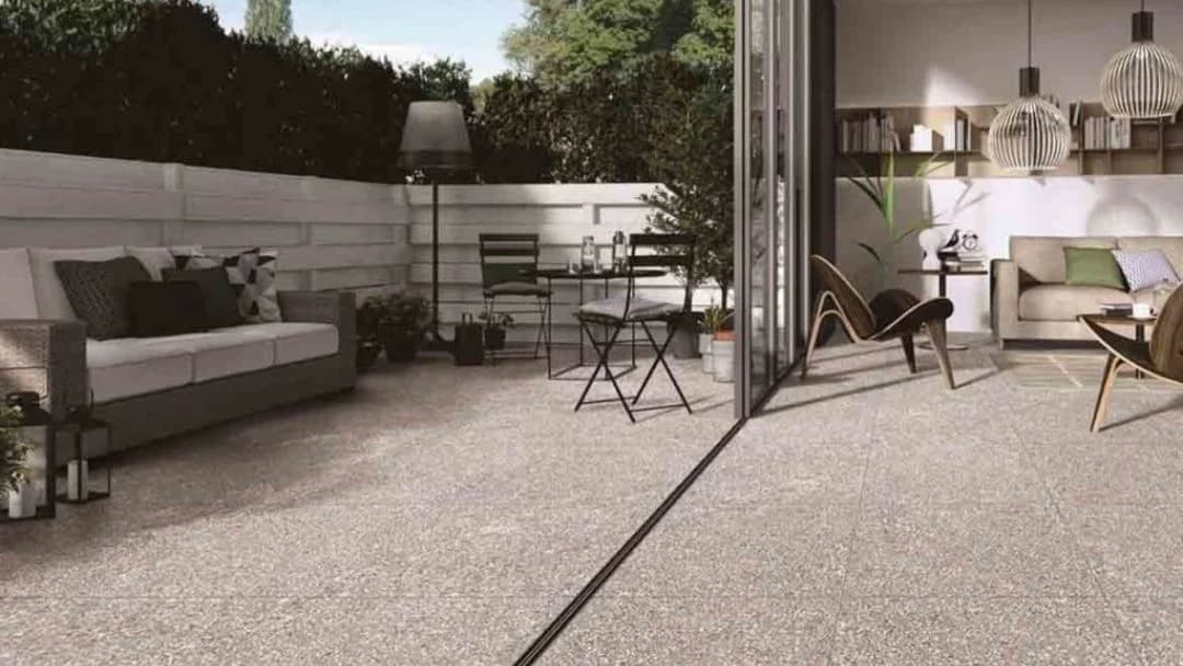 Outdoor terrazzo flooring on patio with modern seating in Saudi Arabia