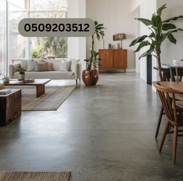 "Polished concrete flooring in Riyadh home, featuring modern design and durable finish.