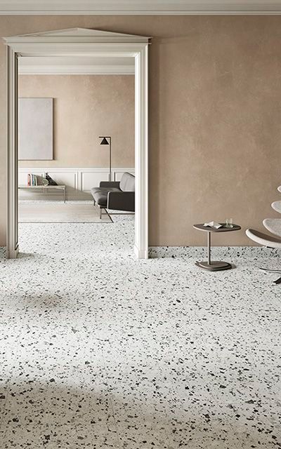 "High-gloss terrazzo flooring in a Riyadh luxury villa, reflecting elegance and premium quality."